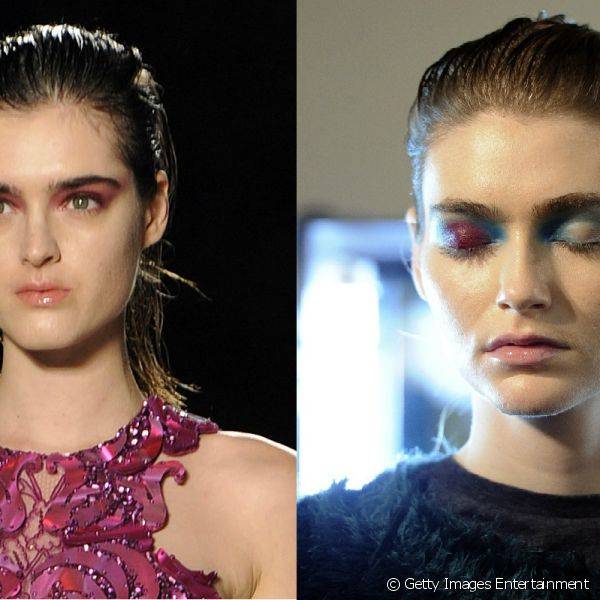 Julien MacDonald fez uma mistura de sombras rosa e azul para colorir os olhos de suas modelos